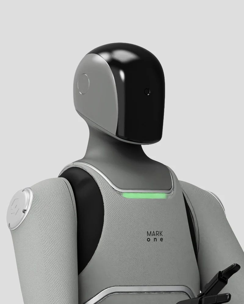 MARK One, a mobile industrial humanoid, in a soft grey studio